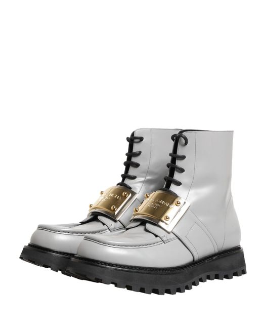 Dolce & Gabbana Gray Leather Logo Plaque Ankle Boots Shoes for men