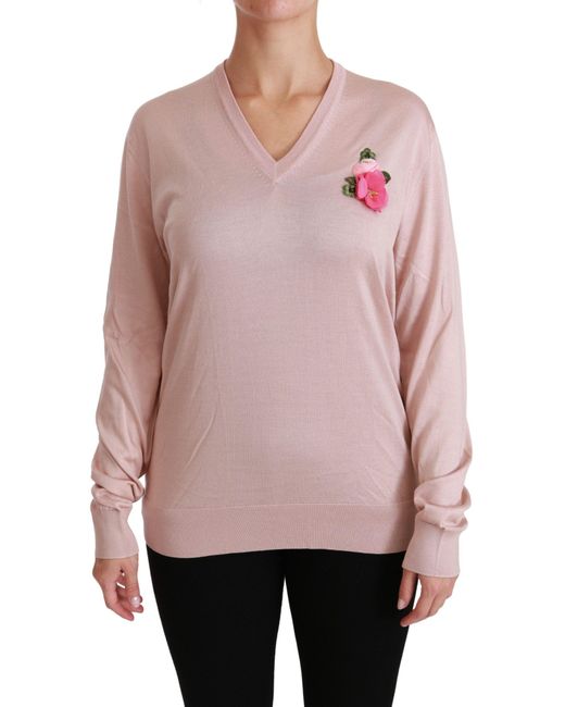 Dolce & Gabbana Pink Floral Embellished Silk Sweater