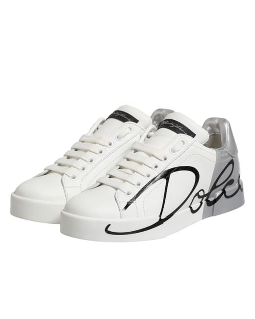 Dolce & Gabbana White Gray Low Top Leather Sneaker Shoes