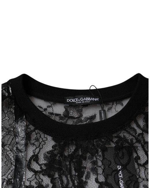 Dolce & Gabbana Black Nylon Floral Lace Crew Neck T-Shirt for men