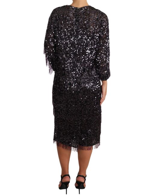 Dolce & Gabbana Dolce Gabbana Black Sequined Long Sleeve Shift Midi Dress