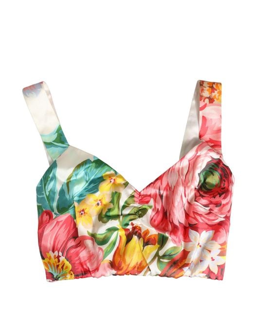 Dolce & Gabbana Pink Floral Print Silk Cropped Bustier Top