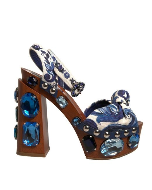 Dolce & Gabbana Blue Multicolor Majolica Embellished Wedge Sandals Shoes