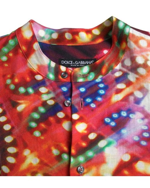 Dolce & Gabbana Red Multicolor Luminarie Print Linen Shirt for men