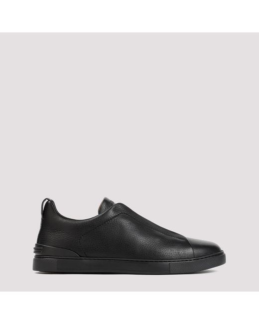 Zegna Black Triple Stitch Deer Leather Sneakers for men