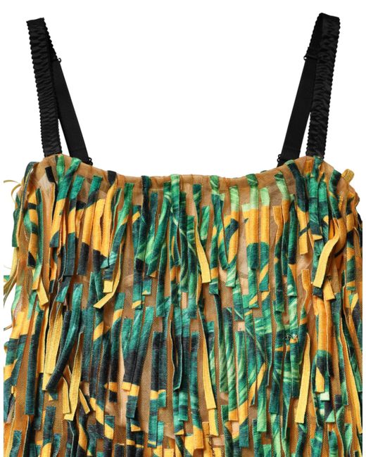 Dolce & Gabbana Green Multicolor Tropical Print Fringe Maxi Dress