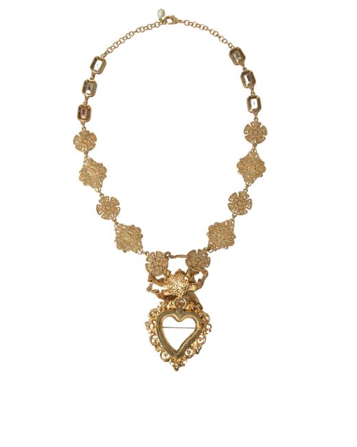 Dolce & Gabbana Metallic Brass Mama Mary Crystal Pearl Embellished Necklace
