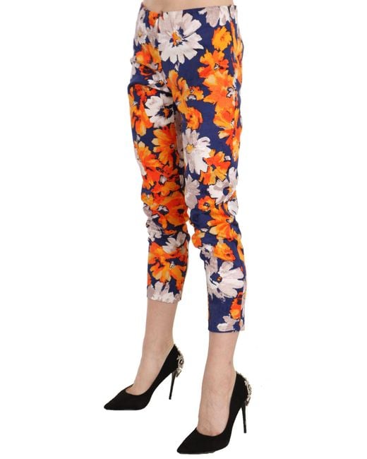 LANACAPRINA Red Blue Floral Print Skinny Slim Fit Trousers Pants