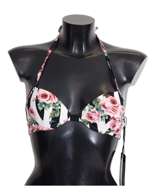 Dolce & Gabbana Black Striped Rose Print Swimwear Bikini Tops