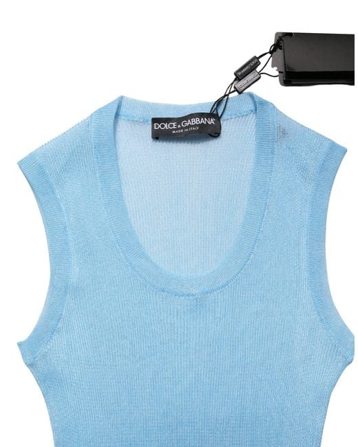 Dolce & Gabbana Blue Semi Sheer Ribbed Sleeveless Tank Top Polyester
