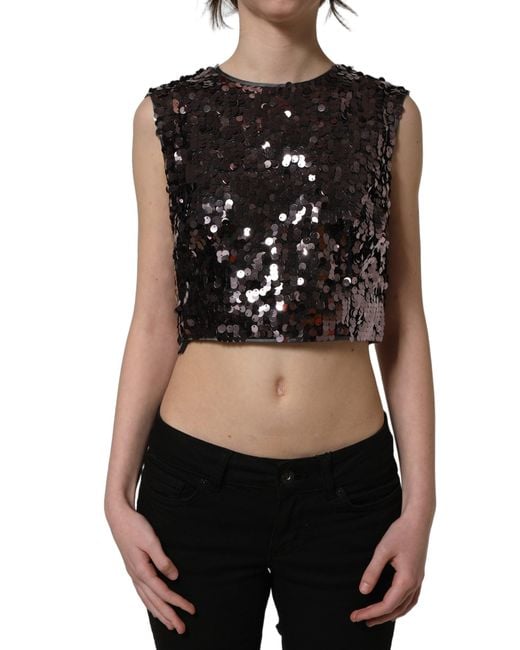 Dolce & Gabbana Black Sequined Sleeveless Cropped Tank Top Nylon