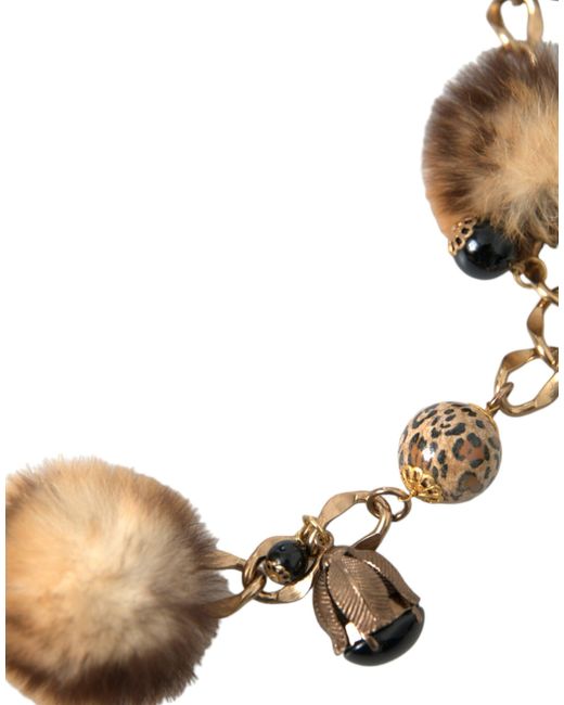 Dolce & Gabbana Metallic Gold Brass Leopard Fur Pearl Collier Chain Belt