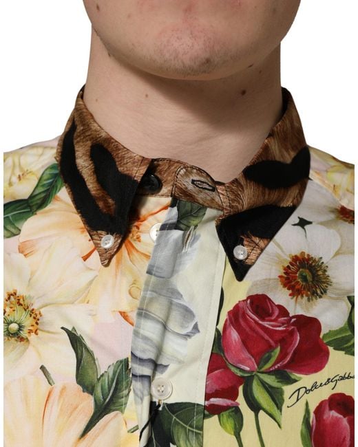 Dolce & Gabbana Metallic Multicolor Floral Animal Print Collared Shirt for men