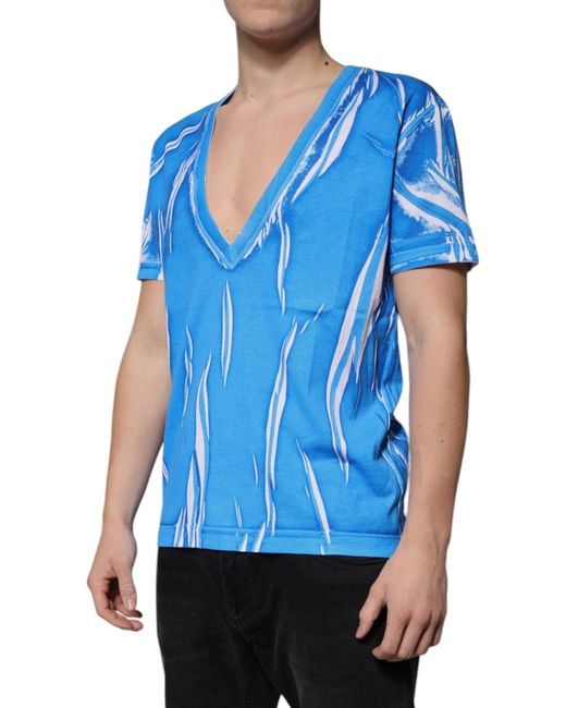 Dolce & Gabbana Blue Abstract Print Vneck Tshirt for men