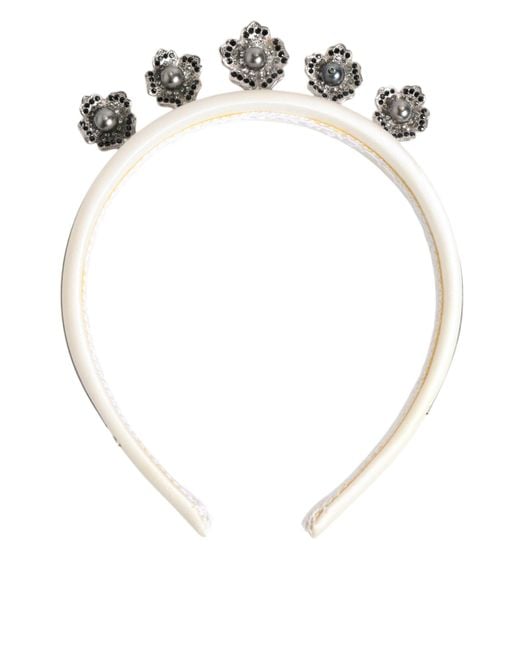 Dolce & Gabbana White Satin Palladium Silver Floral Crown Tiara Headband