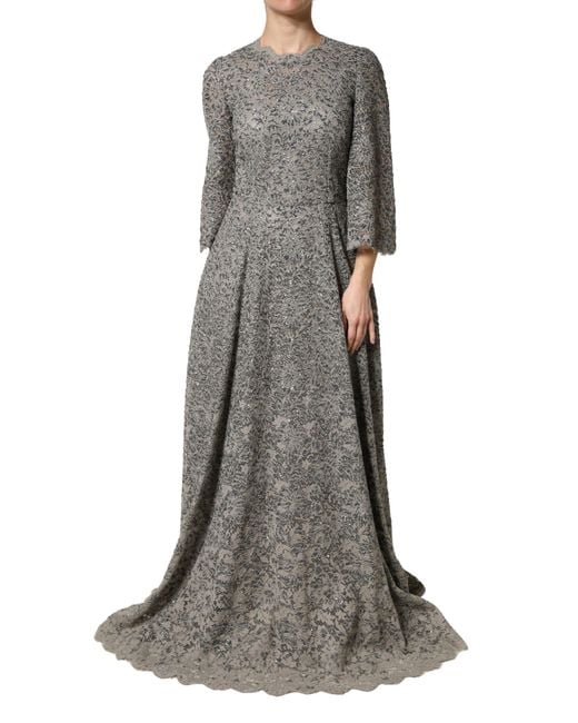 Dolce & Gabbana Gray Lace Long Sleeves Cotton Maxi Dress