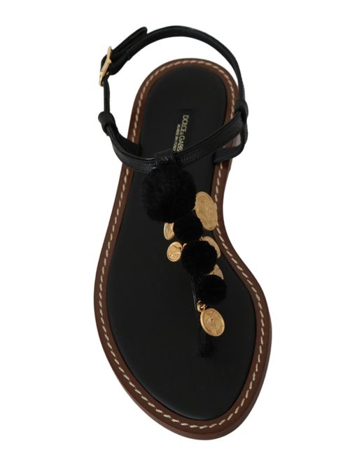 Dolce & Gabbana Black Pom Pom Flip Flop Ankle Strap Flats