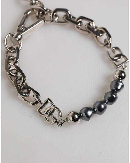 Dolce & Gabbana Metallic Tone Chain Lobster Clasp Logo Pearls Bracelet