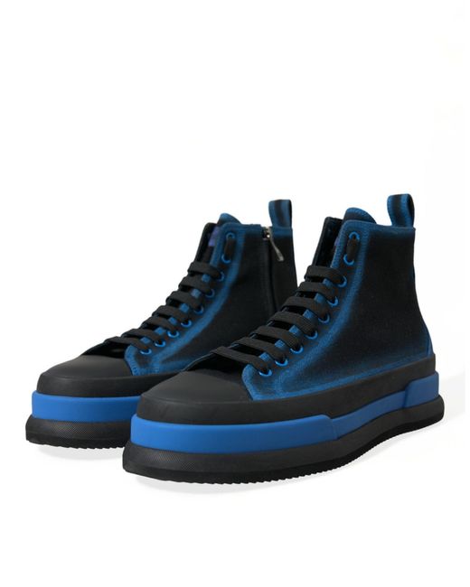 Dolce & Gabbana Black Blue Canvas Cotton High Top Sneakers Shoes for men