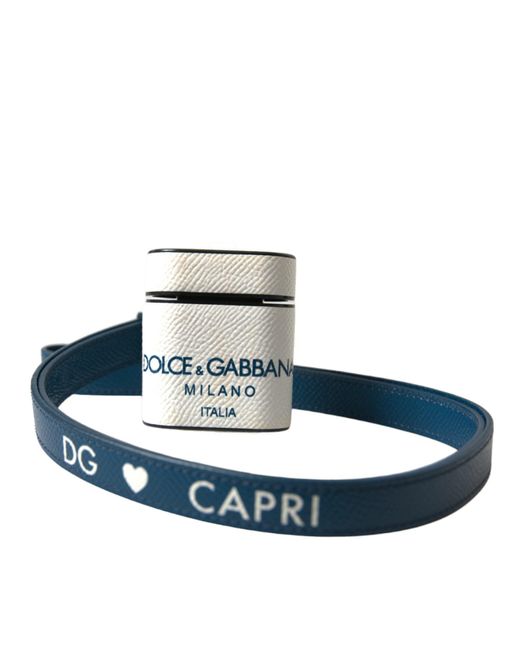 Dolce & Gabbana White Blue Calf Leather Logo Print Strap Airpods Case