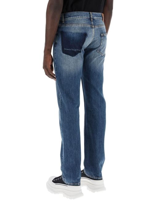 Alexander McQueen Blue Straight Leg Jeans With Faux Pocket On The Back for men
