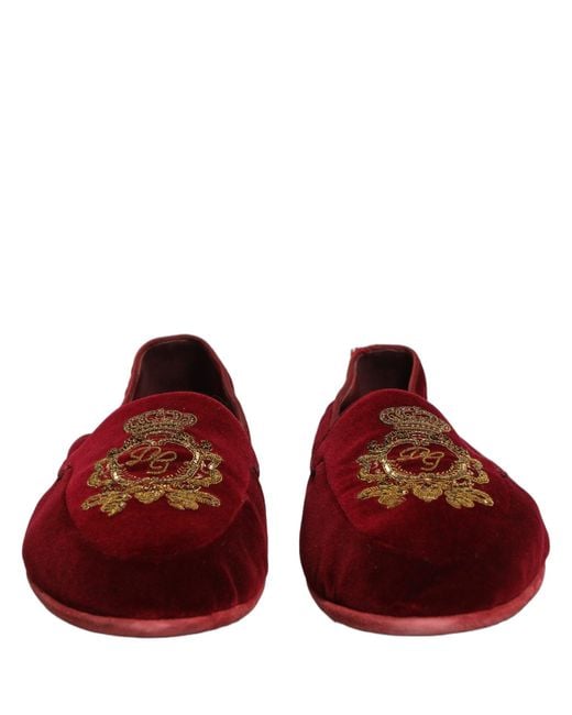 Dolce & Gabbana Red Maroon Velvet Crown Embroidery Loafers Shoes for men