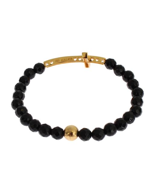 Nialaya Black Agate Stone Gold Cz Cross 925 Silver Bracelet