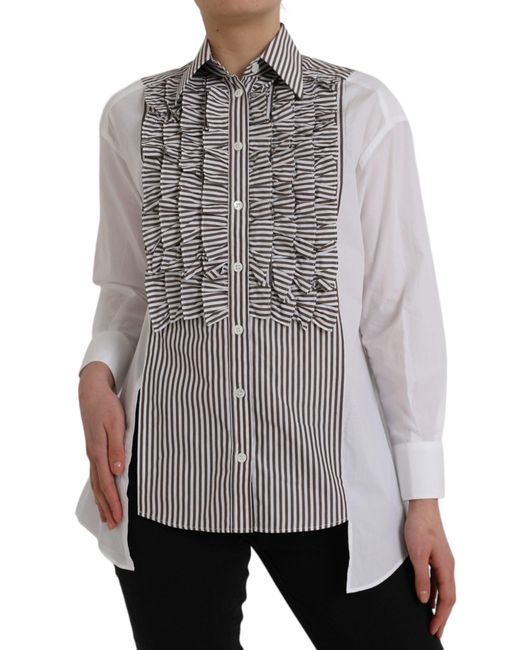 Dolce & Gabbana Gray Stripes Cotton Long Sleeves Ruffle Collar Top