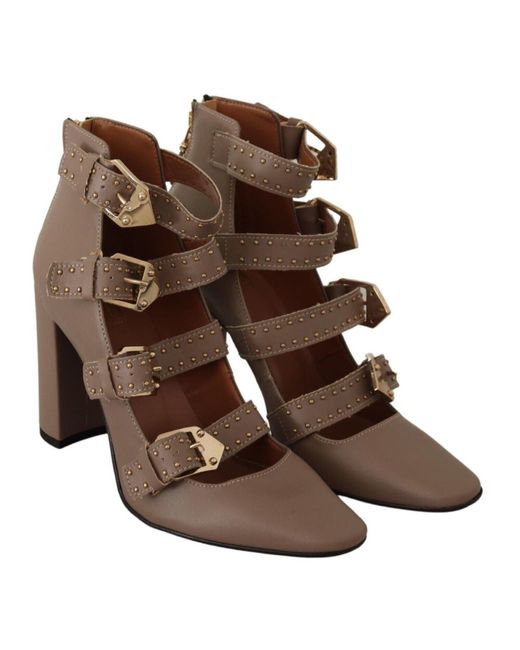 My Twin Brown Elegant Leather Multi-Buckle Heels