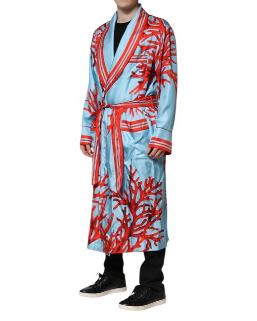 Dolce & Gabbana Blue Red Coral Print Wrap Robe Coat Jacket for men