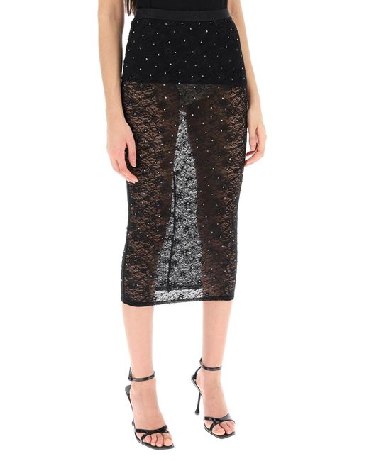 Alessandra Rich Black Midi Skirt In Lace With Rhinestones