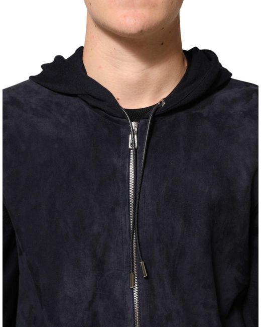 Dolce & Gabbana Black Leather Full Zip Hooded Blouson Jacket for men