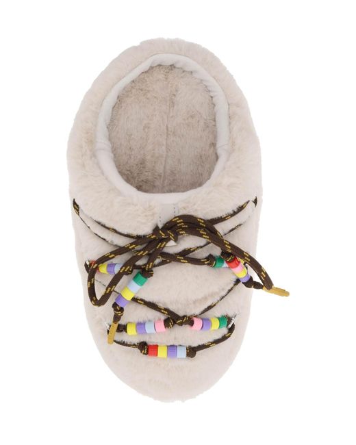 Moon Boot White Faux Fur Mules With Beads