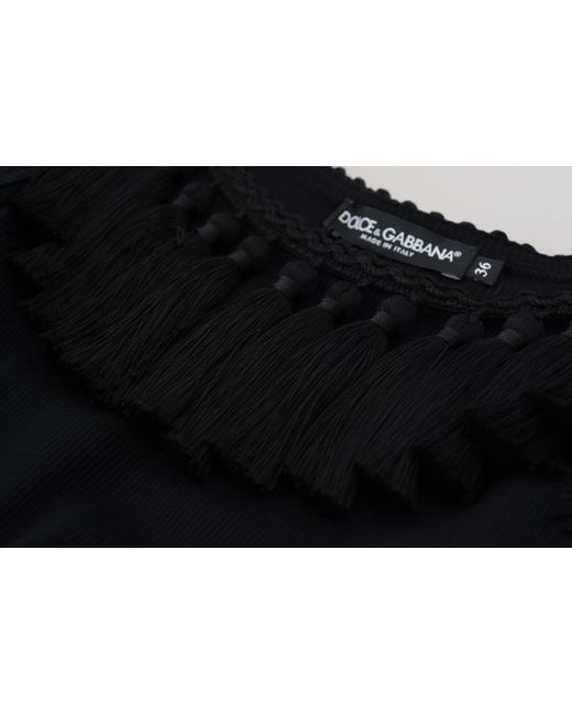Dolce & Gabbana Black Tank Top Tassle Cotton Blouse