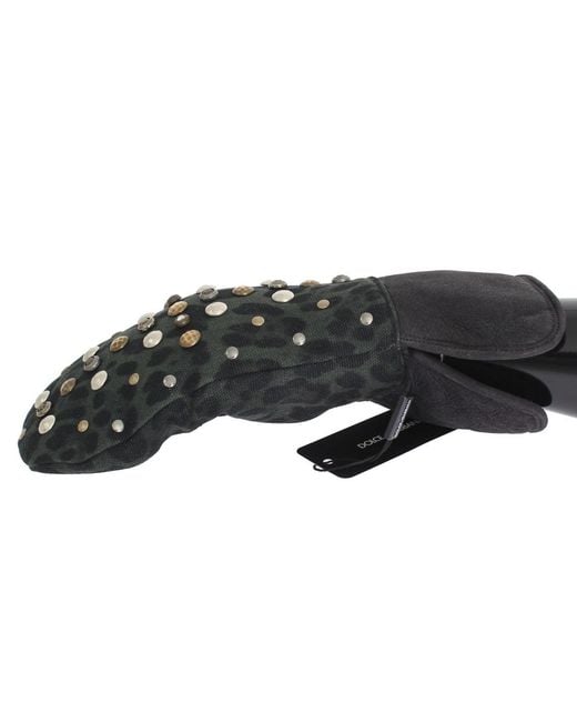 Dolce & Gabbana Black Wool Shearling Studded Leopard Gloves for men