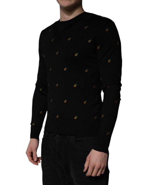 Dolce & Gabbana Black Pineapple Embroidered Knit Sweater for men