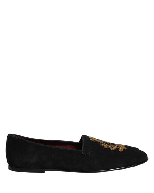 Dolce & Gabbana Black Velvet Crown Embroidery Loafers Shoes for men