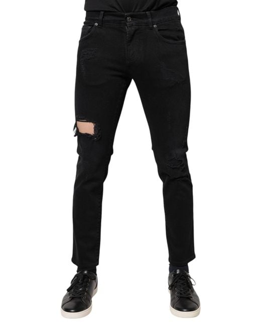 Dolce & Gabbana Black Cotton Tattered Skinny Denim Logo Jeans for men