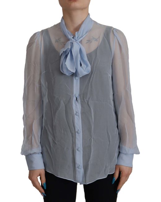 Dolce & Gabbana Gray Sheer Silk Blouse Bow Tie Neck
