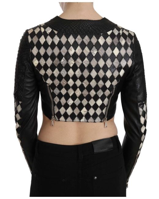 John Richmond Black Leather Short Cropped Biker Jacket Multicolor Tsh3270