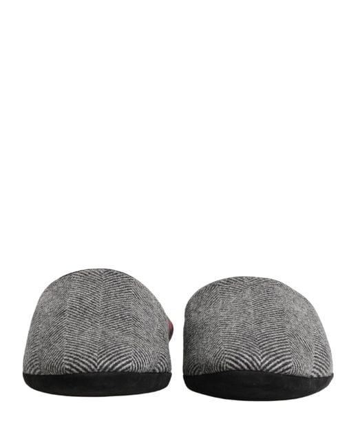 Dolce & Gabbana White Grey Herringbone Cashmere Red Slippers Shoes for men