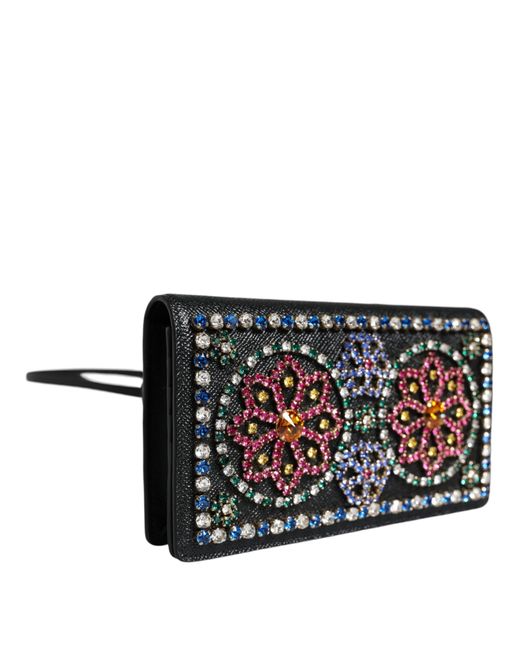 Dolce & Gabbana Black Leather Crystal Shoulder Crossbody Clutch Bag