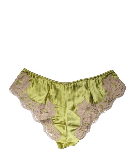 Dolce & Gabbana Natural Underwear Green Silk Satin Floral Lace Panty Brief