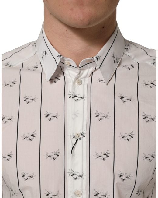 Dolce & Gabbana Gray White Bee Print Cotton Gold Fit Dress Shirt for men