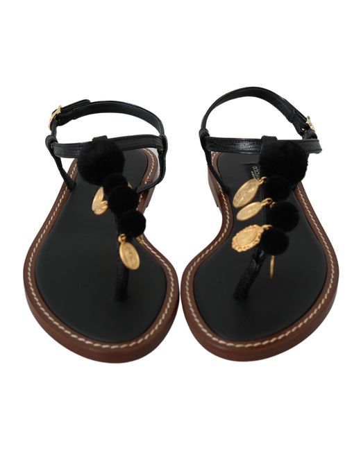 Dolce & Gabbana Black Pom Pom Flip Flop Ankle Strap Flats
