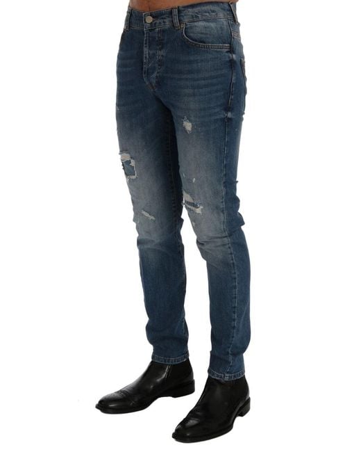 Frankie Morello Blue Wash Torn Dunfermile Slim Fit Jeans for men