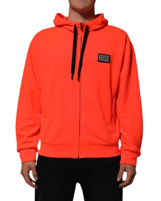 Dolce & Gabbana Red Fluorescent Polyester Logo Patch Hoodie Sweater for men
