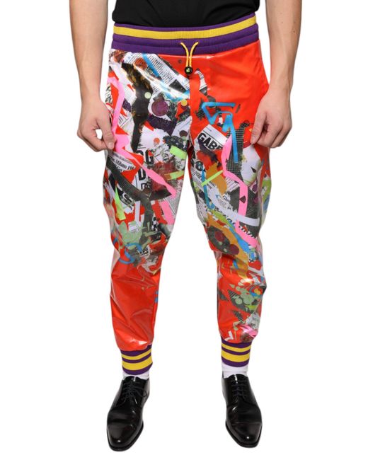 Dolce & Gabbana Red Multicolor Printed Jogger Sweatpants Pants for men