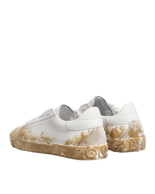 Dolce & Gabbana White Leather Paint Effect Low Top Sneakers Shoes for men