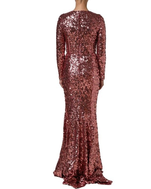 Dolce & Gabbana Red Pink Long Sequined Corset Detailing Gown Dress